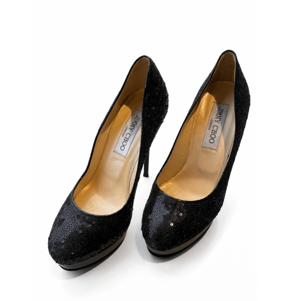 Jimmy Choo Cosmic Black Sequin Patent Leather Platform Pumps