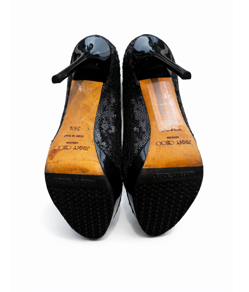 Jimmy Choo Cosmic Black Sequin Patent Leather Platform Pumps