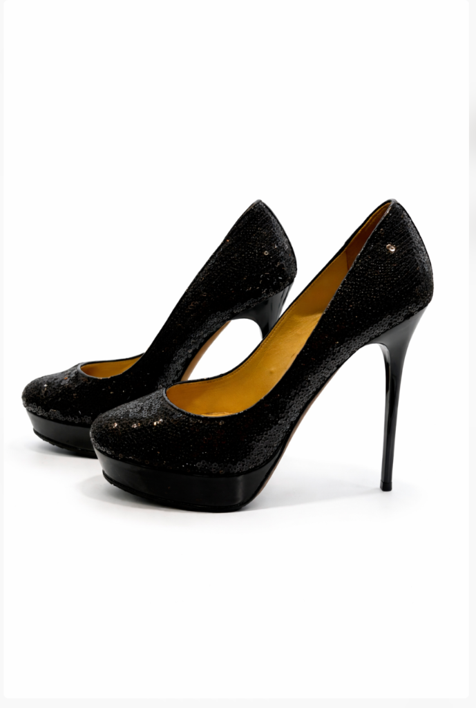 Jimmy Choo Cosmic Black Sequin Patent Leather Platform Pumps
